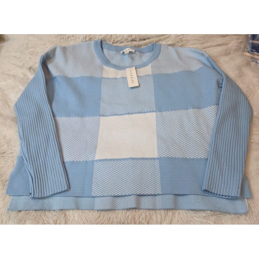 Rio & Rian Blue & White Checkered Crewneck Knit Sweater - NWT Size PL